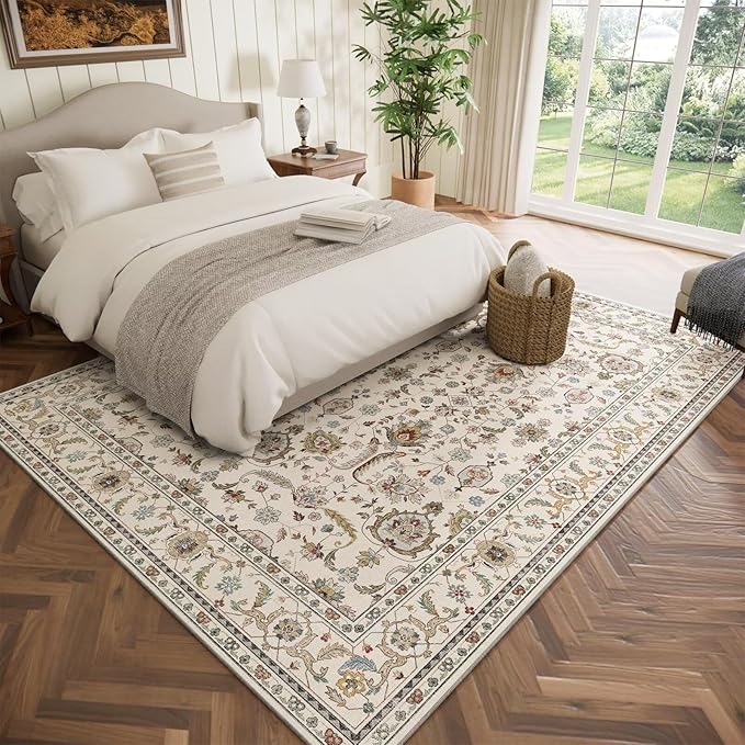 Washable 6x9 Area Rugs for Living Room, BoHo Non-slip Silicone Backing Large Rug for Bedroom Dining Room Nursery Office, 0.3" Neutral Oriental Throw Carpet with 0.16" Cushioning Pad, Light Beige/Multi