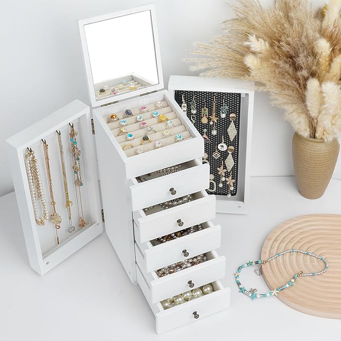 Meangood White Jewelry Box Wood for Women, 6-Layer Large Organizer Box with Mirror & 5 Drawers for Rings, Earrings, Necklaces, White