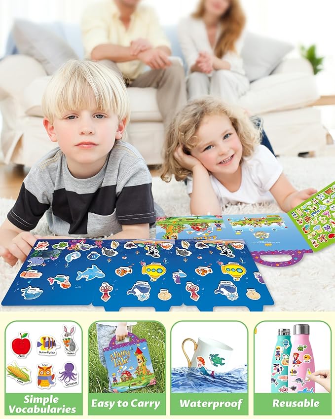 Reusable Sticker Book for Toddlers 2-4 Years, Stickers for Kids, Toddler Sticker Book Ages 1-3, Toddler Craft Activities, Toddlers Travel Toys Ages 2+ Boy Girl Birthday Gifts