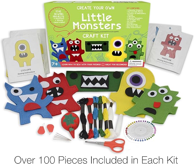 Little Monsters Beginners Sewing Kit - Awesome Gift for Girls & Boys Ages 7 to 13, Best Educational Craft Kit & Toys for Kids