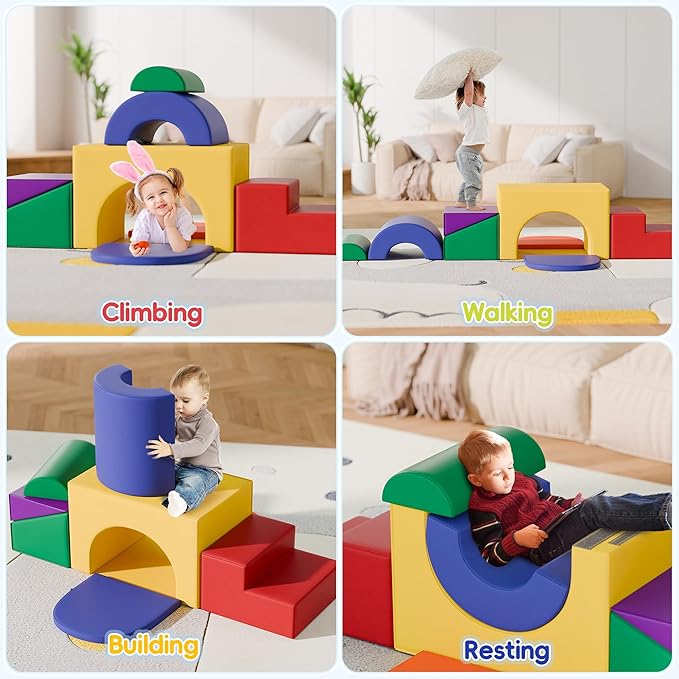 Soft Foam Climbing Blocks Set – Large 5-in-1 Soft Play Toys Crawling & Sliding Climbing Arch for Toddlers, Foam Playset for Nursery,Preschool (Classic American Color)
