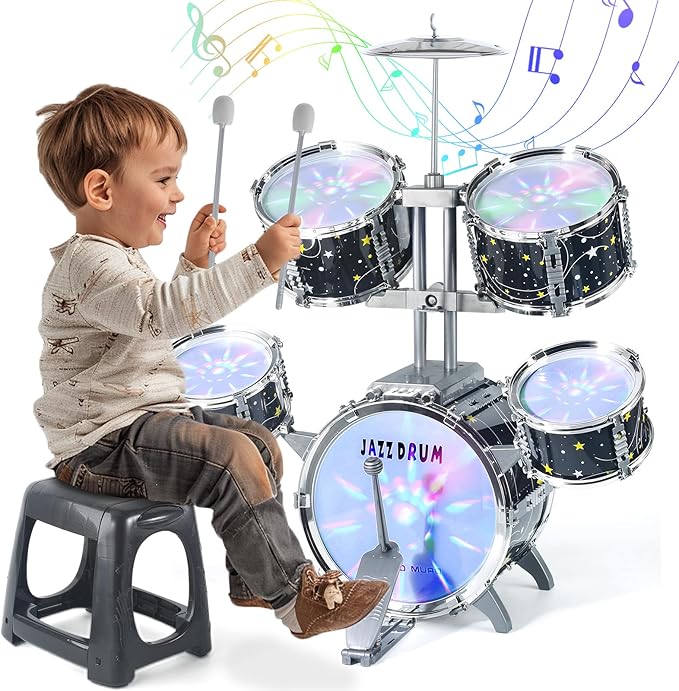Kids Drum Set for Toddlers 1-3, Upgraded Jazz Drum Set for Kids, Musical Instrument Toys & Lights & All Plastic, Percussion Beginner kit for Boys Girls Toddlers Aged 3-5 5-7