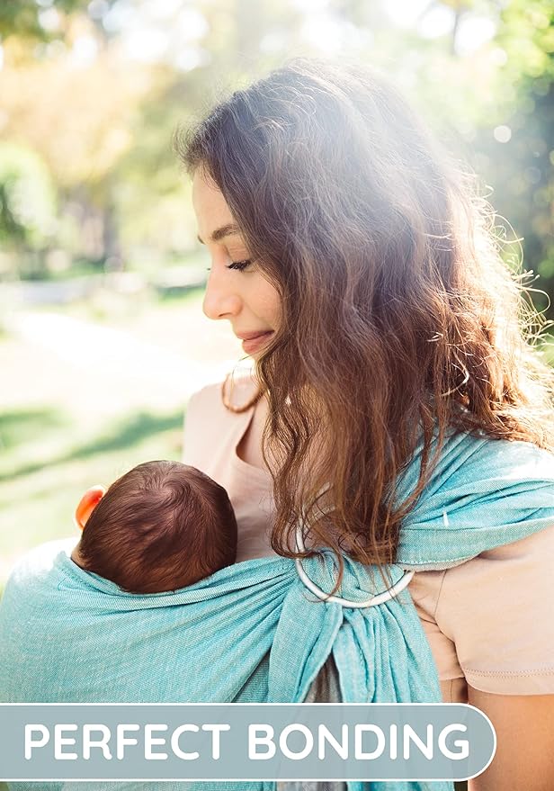 Baby Sling Carrier – Breathable 100% Cotton Wrap for Infant Support, Ring Sling Baby Carrier – Grey Turquoise Adjustable Muslin Fabric – Soft Chest Hold for Travel