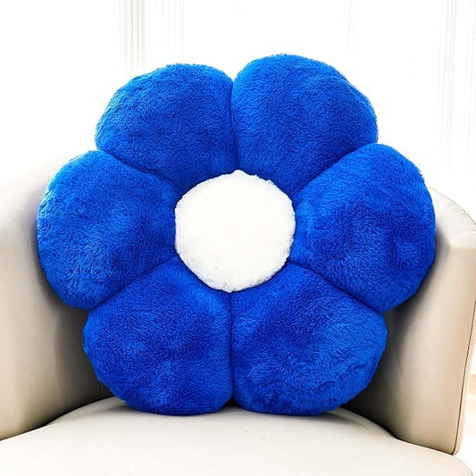 Royal Blue Flower Pillow, Cute Decorative Flower Shaped Throw Pillow with Faux Rabbit Fur, 19.6" Soft Flower Plush Throw Pillow Floor Pillows Room Décor for Bedroom Living Room