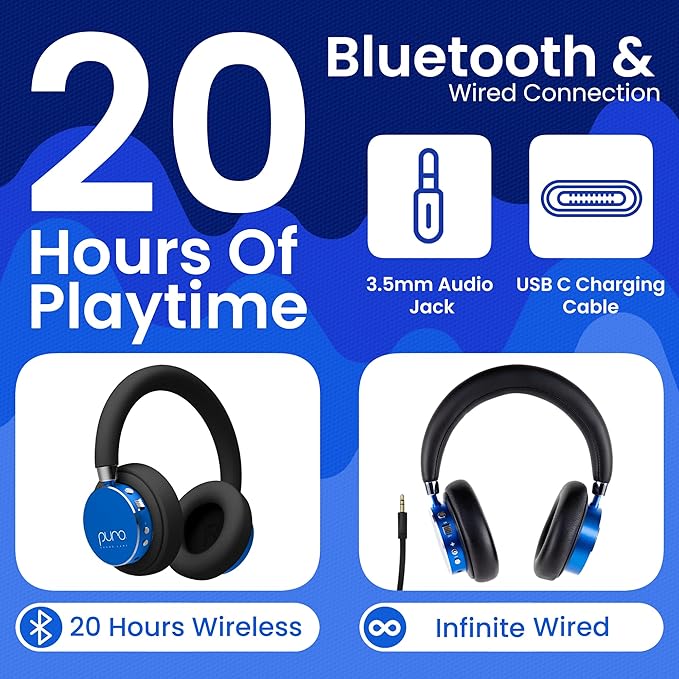 Puro Sound Labs BT2200 Plus Kids Bluetooth Headphones – Volume-Limiting 85dB, Studio-Grade Audio, Over-Ear & Comfy Design, 20-Hour Battery Life, Easy to Connect Wireless Headphones for Kids, Blue