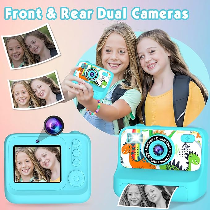 Kids Camera, Upgrade Kids Camera Instant Print, Front Rear Dual Selfie Digital CAM with 1080P Videos, Portable Travel Toy with Games and Music, Christmas Birthday Gift for Boys, Girls and Teens