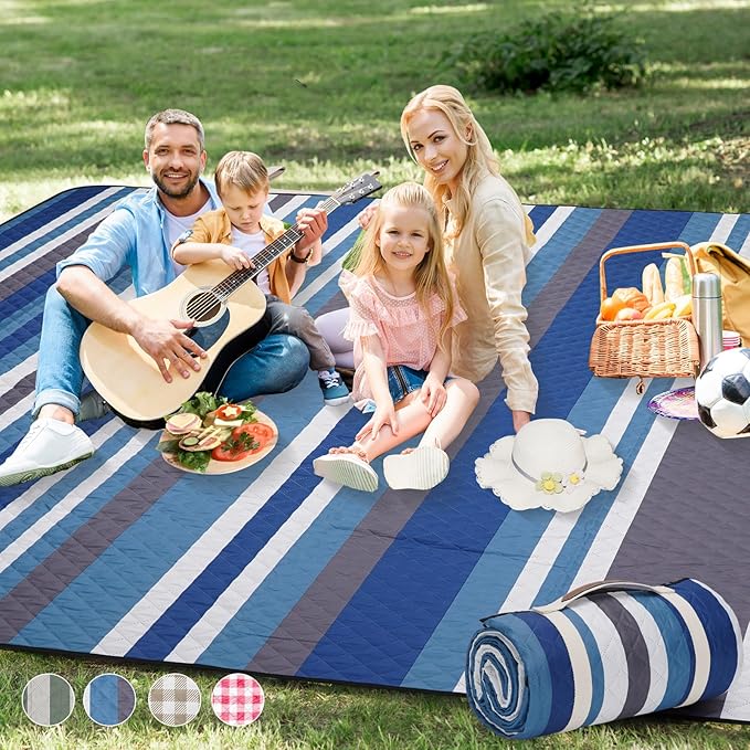 Picnic Blankets Outdoor Extra Large - 80"x80" Waterproof Beach Blanket, Machine Washable 3-Layer Foldable Park Mat with Sandproof Backing for Grass, Hiking, Travel, Concerts, Indoor (BlueStrip)