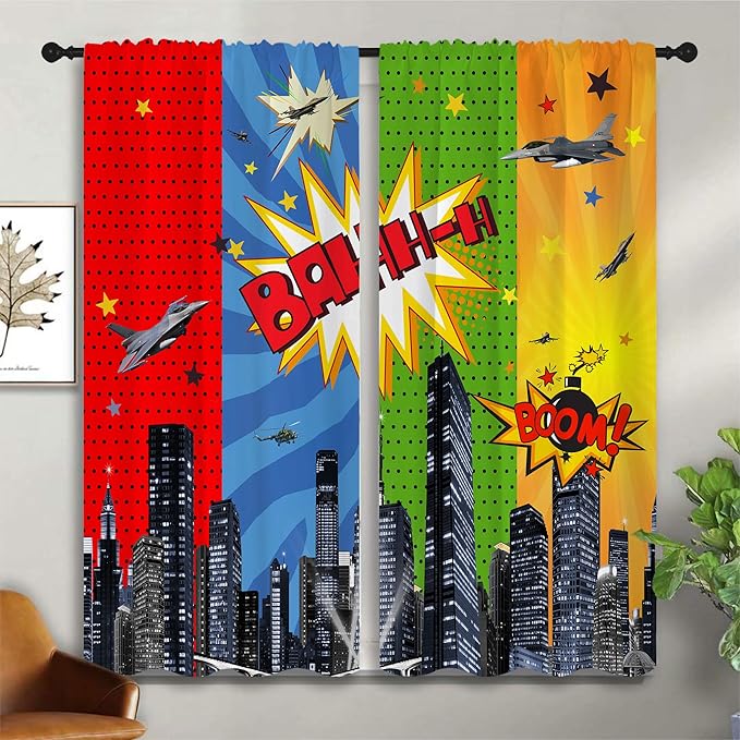 Superhero Rod Pocket Blackout Curtains for Boy Girl Bedroom, City War Explosion Comics Art Home Energy Efficient Light Filtering Window Curtain for Living Room, 42x63 inch