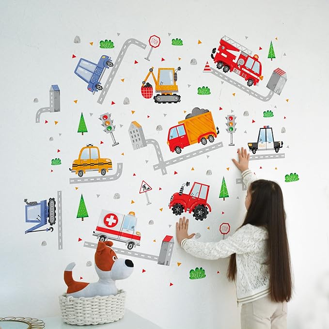 Car Wall Decals by Lipastick - Peel and Stick Transport Road Trucks Stickers for Boys Room, Toddler Bedroom, Baby Nursery, Kids Playroom, Living Room- Removable Decor - L Size