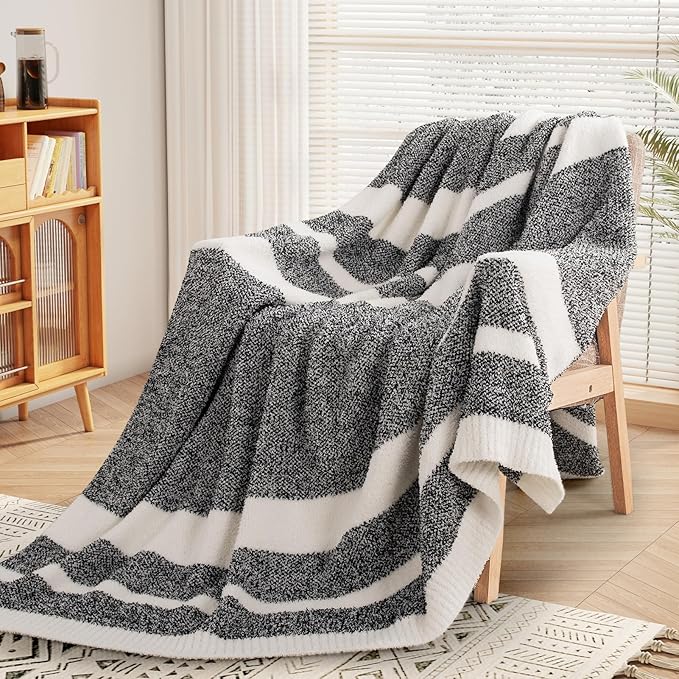 NEXHOME PRO Stripe Throw Blanket, Knit Blanket for Couch Bed Sofa Picnic, Ultra Soft Fuzzy Blankets, Luxury Striped Blanket for Women, Pet, Gifts, Black, 50 x 60 inches