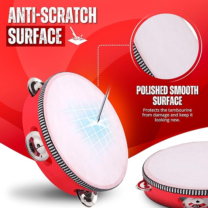 Flexzion Wooden Round Tambourine for Kids and Adults 6" Inch Single Row 8 Pair Jingles, Red Handheld Percussion Instrument for Beginner and Professional Tambourine Player