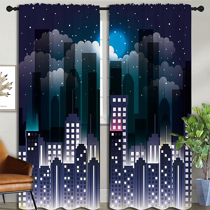 Superhero Rod Pocket Blackout Curtains for Boy Girl Bedroom, Violet Night Sky Buildings Cityscape Home Energy Efficient Light Filtering Window Curtain for Living Room, 84x63 inch