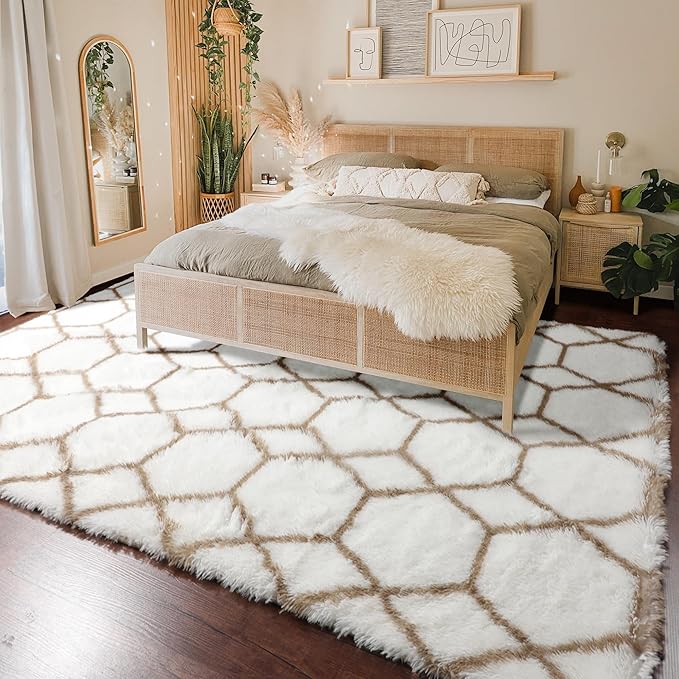 ONASAR Rugs for Living Room Bedroom, 5x8 Washable Fluffy White and Beige Area Rug, Geometric Boho Soft Plush Shaggy Floor Carpet Mat for Nursery Kids Girls Boys Teen Dorm Home Decor Aesthetic