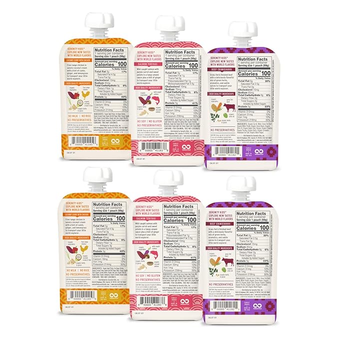 Serenity Kids 7+ Months World Explorers Stage 2 Baby Food Pouches - BPA-Free Pouches - Organic Meat & Veggie Puree with Ethically Sourced Beef - 3.5 Oz, 6 Pack