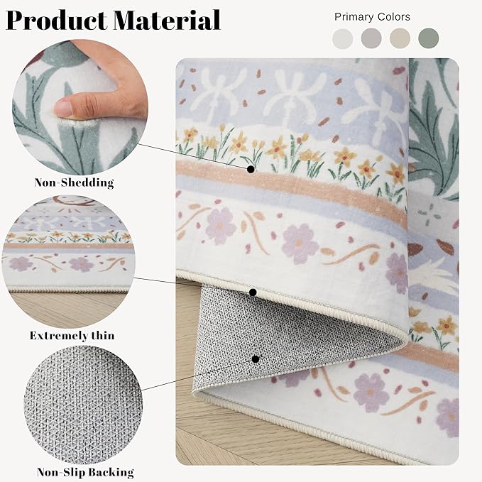 5x7 Washable Rug Vintage Floral Botanical Area Rug Non Slip Low Pile Large Rugs for Living Room, Bedroom, Farmhouse, Dining Room, Kids Playroom, Beige