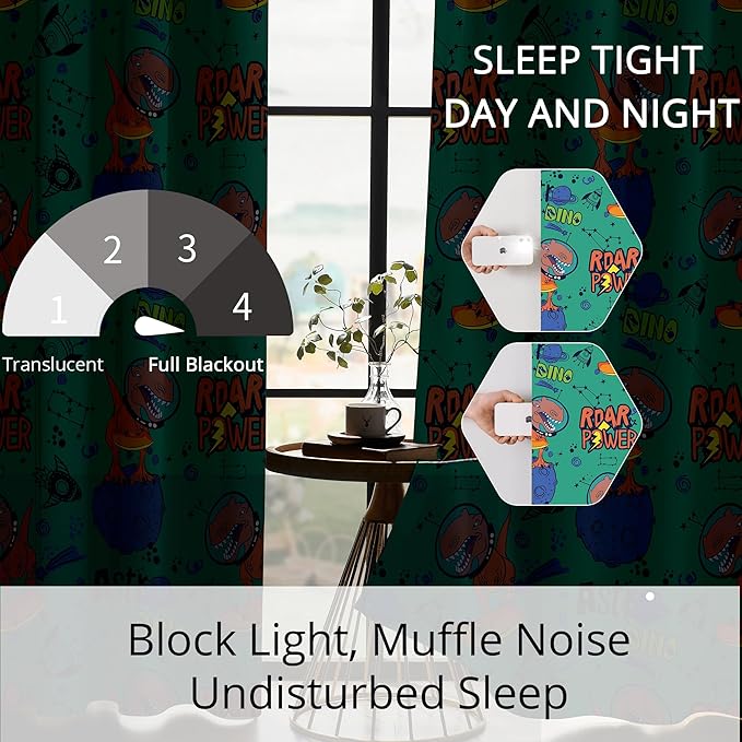 Kids Space Dinosaur Blackout Curtains - 100% Blackout, Thermal Insulated, Noise Reducing, Perfect for Kids Room and Nursery, 2 Panels (Roar Power Dino, W52×L84)