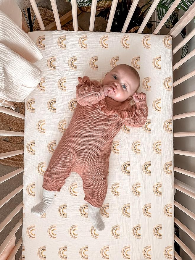 Bassinet Sheet for Baby Boy and Girl, Fitted Sheets for Rectangle, Oval, Hourglass Bassinet Mattress, Muslin Moses Basket Sheets with Neutral Style (Rainbow)