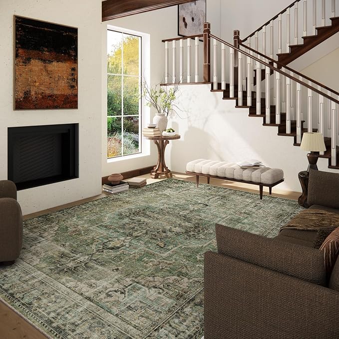 10x14 Area Rugs for Living Room: Washable Bedroom Rug Boho Vintage Rugs Stain Resistant Non Slip Low Pile Soft Lightweight Carpet for Kitchen Dining Room Farmhouse Nursery Kids Room