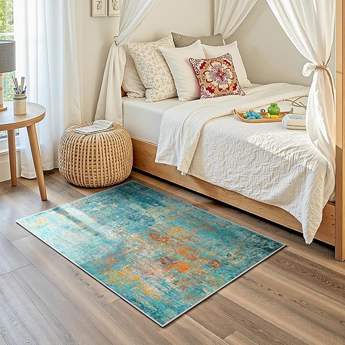 Washable Area Rugs 2'x3' Non-Slip Modern Abstract Soft for Living Room Entryway Bedroom Nursery, Print Pattern, Teal Blue Green Orange Rust Red Colorful