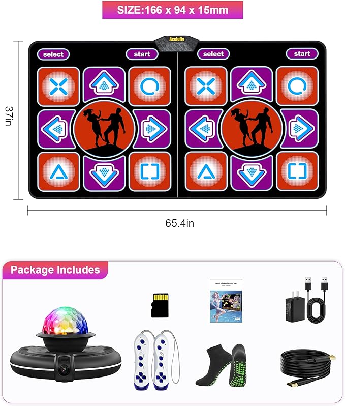 Double Dance Mat, Flannel Dance Mat for TV with HD Camera, Dual User Play Mat with Wireless Controller, Non-Slip Dance Pad for Kids Adults Girls Boys