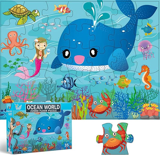 Jumbo Floor Puzzle for Kids, Large Jigsaw Puzzles 35 Piece for Kids Ages 3-5,Preschool Learning & Education Toys, Gifts for 4-8 Year Old Boys and Girls (Marine Animals)
