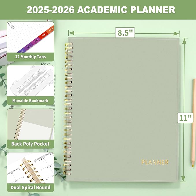 SUNEE Academic Planner 2025-2026 Weekly and Monthly, July 2025-June 2026, 8.5"x11", Tabs, Note Pages, Pockets, Bookmark, Flexible Cover, Spiral Binding, Sage Green