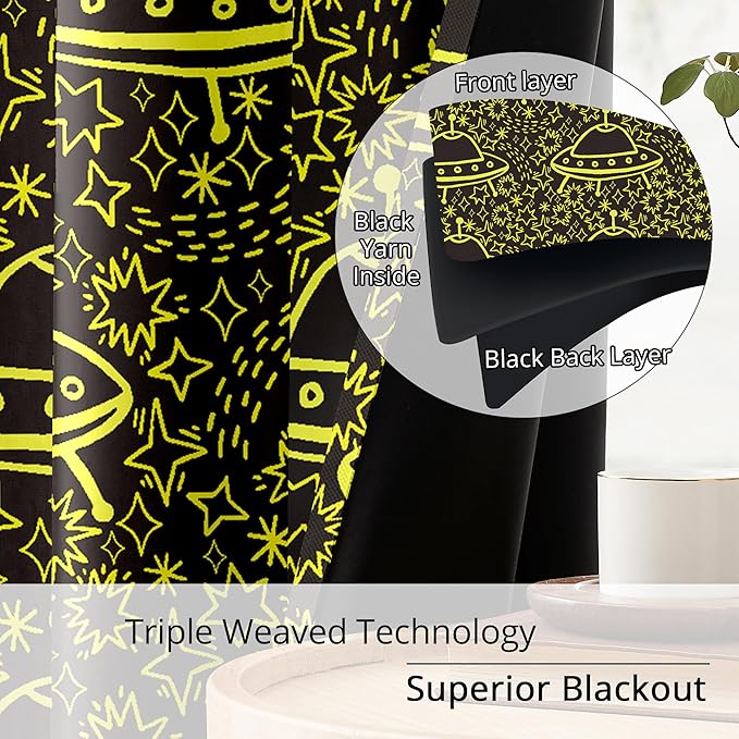 Kids Space Blackout Curtains - 100% Blackout, Thermal Insulated, Noise Reducing, UFO Design, Perfect for Kids Room and Nersury, 2 Panels (Neon UFO Night, W52×L84)