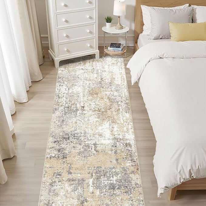 Runner Rug Kitchen Washable Rugs: 2x6 Non-Slip Abstract Soft Modern Stain Resistant Indoor Floor Neutral Accent Throw Carpet for Hallway Bathroom Laundry Room Entryway Bedroom- Gray Gold