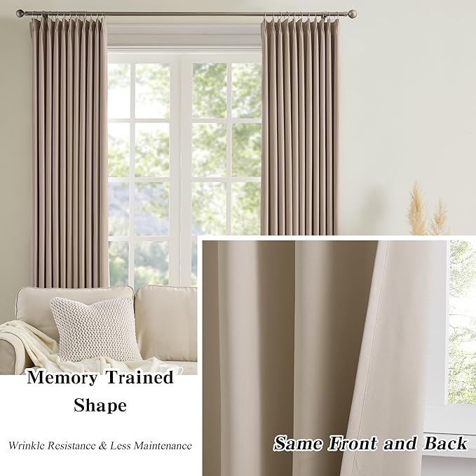 Pinch Pleated Patio Sliding Door Curtains 90 Inch Long, Blackout Room Divider Vertical Blinds Curtain Drapes for Living Room Dining Room French Door(Khaki, 100 Inch Wide per Panel, 2 Panels)