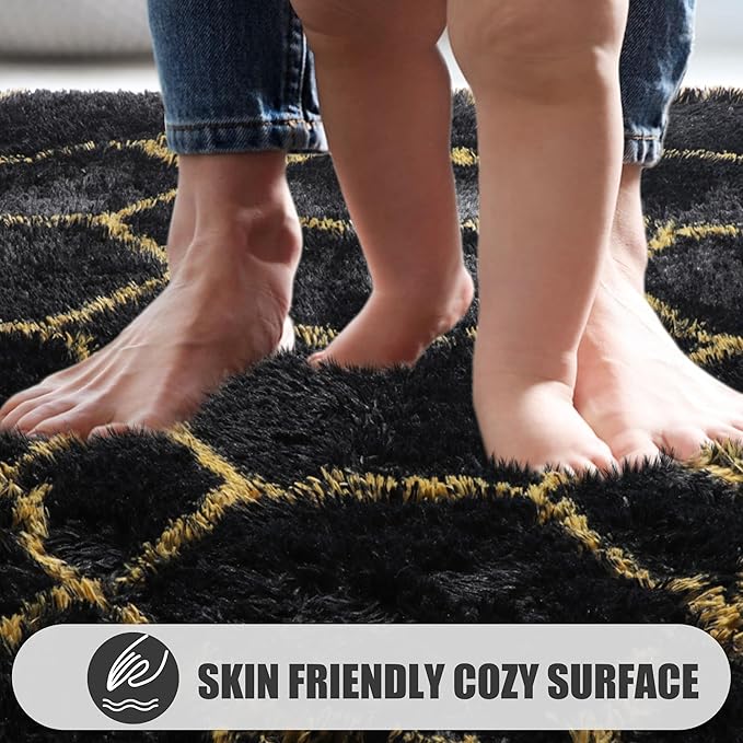 ONASAR 8x10 Area Rugs for Living Room, Fluffy Black and Gold Bedroom Rug, Washable Geometric Boho Large Soft Plush Shaggy Fuzzy Floor Carpet for Nursery Kids Classroom Playroom Dorm Home Decor