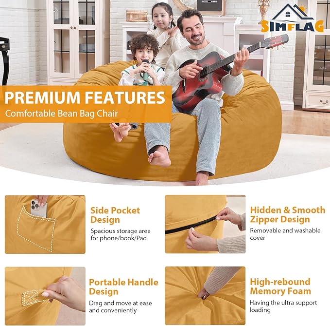 4FT Bean Bag Chair, Large Bean Bag Chairs with Memory Foam Filled, Fluffy Beanbag Sofa with Dutch Velvet Cover, Round BeanBag Chairs for Living Room, Playroom - Mustard
