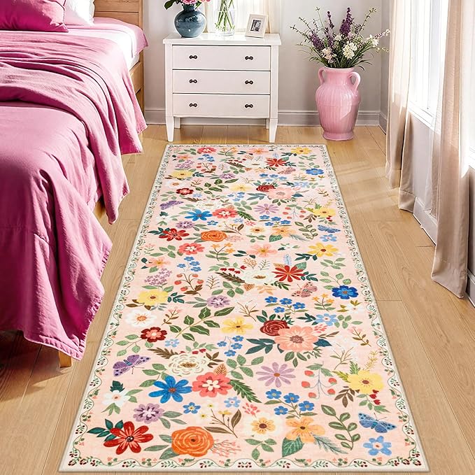 Runner Rug for Entryway: 2.6x8 Kitchen Rugs Non Slip Washable Ultra-Thin Soft Floral Carpet Indoor Floor Stain Resistant Carpets for Hallway Bedroom Kitchen Laundry Bathroom Dorm Beige