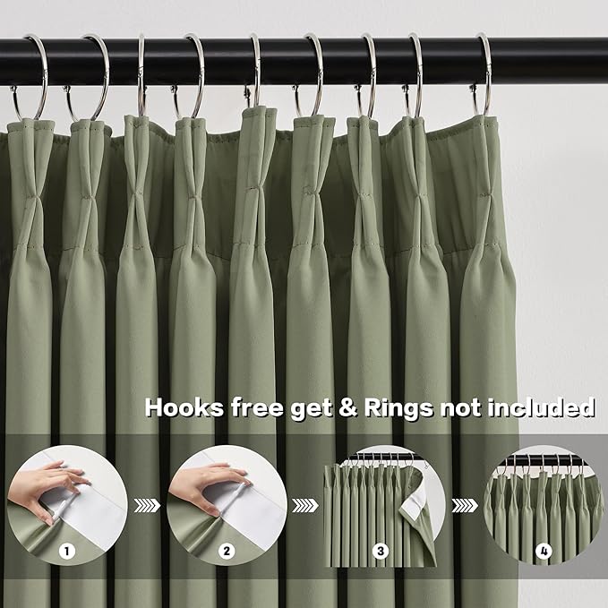 Sage Green Pinch Pleat Curtains 63 Inches Long Thermal Insulated Dark Black Out Short Drapery for Bedroom Light Blocking Window Covering Room Darkening Drapes for Living Room 40x63 2 Pieces