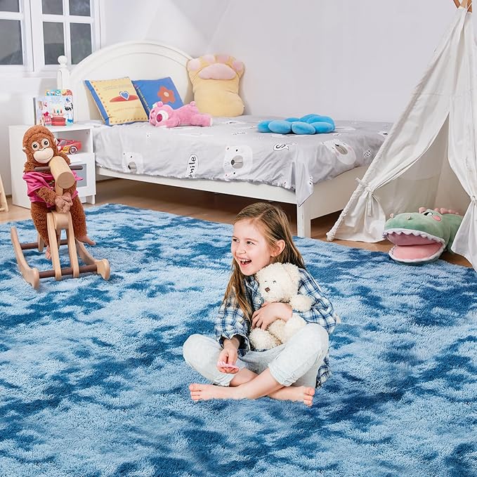 Ultra Soft Rug for Living Room, 8X10 Fluffy Shag Area Rug for Bedroom, Modern Shaggy Carpet Fuzzy Rug for Teens Dorm Nursery Home Decor Aesthetic, Upgrade Anti-Skid Durable, Tie-Dyed Blue Grey