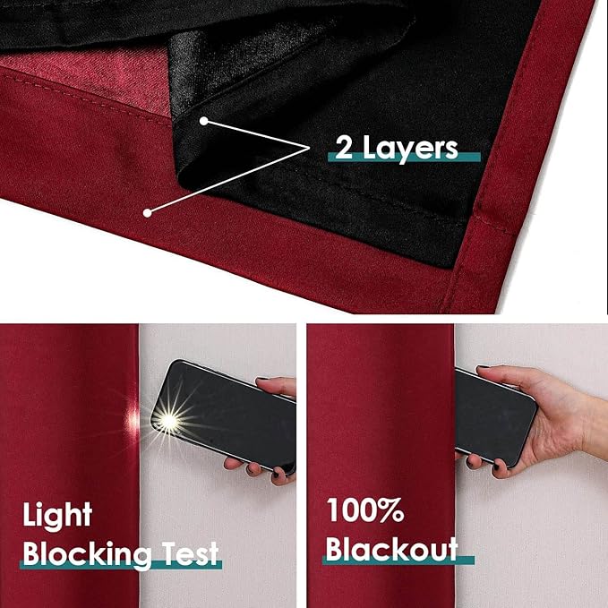 ChrisDowa 100% Blackout Curtains for Bedroom with Black Liner, 2 Thick Layers Total Blackout Thermal Insulated Grommet Small Window Curtains 2 Panels Set (Burgundy, 42 x 45 Inch)
