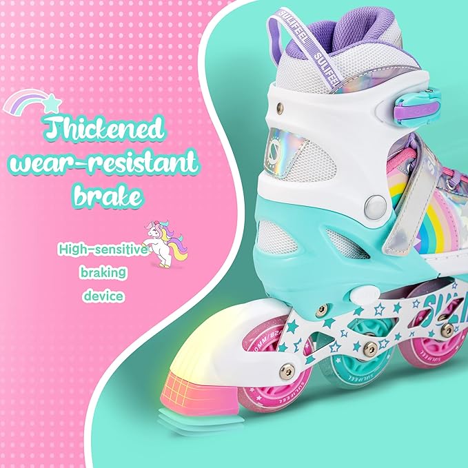 SULIFEEL Rainbow Unicorn Inline Skates for Girls Boys 4 Size Adjustable Light up Wheels Skates for Kids Beginner