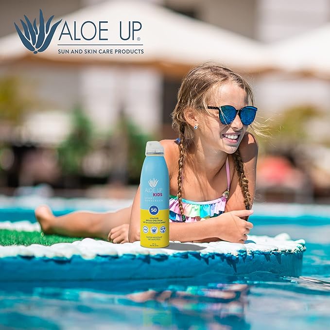 Aloe Up Kids Continuous Sport Sunscreen Spray SPF 50 - Broad Spectrum Sheer Face and Body Sunscreen Protector for Sensitive Skin - With Aloe Vera Gel - Dries Fast - Reef Safe - Fragrance-Free - 5.5 Oz