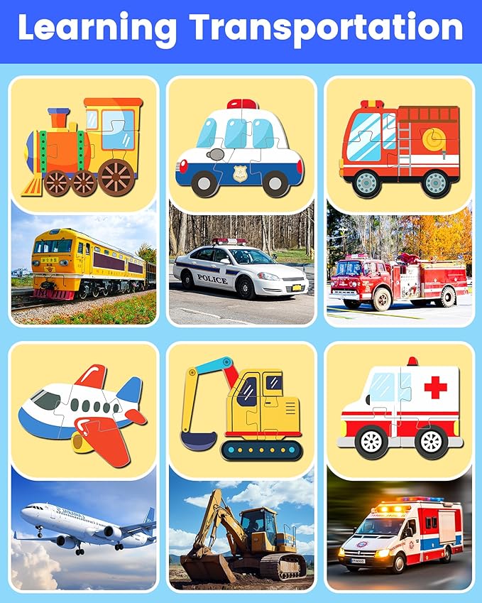 Benresive Wooden Toddler Puzzles, Montessori Toys for 1 2 3 Year Old Boys, Toys for 1 2 3 Year Old Boy Birthday Gifts, 6 Pack Vehicle Toddler Learning Educational Puzzles