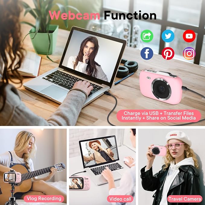 Digital Camera 4K 64MP - Vlogging Camera for Kids & Beginners | 18X Zoom Point and Shoot Camera Anti Shake, Compact with Flash, Gift for Boys Girls(Pink+Silver)