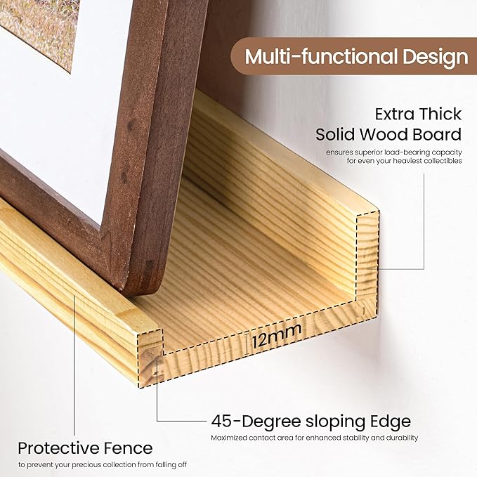 Picture Ledge Shelf, Solid Pine Wood Floating Shelves Set of 2, 48 Inches Nursery Book Shelves for Toys Storage, Kids Bookshelf Wall Mounted for Living Room Bedroom Decor Books Photo Frames, Natural