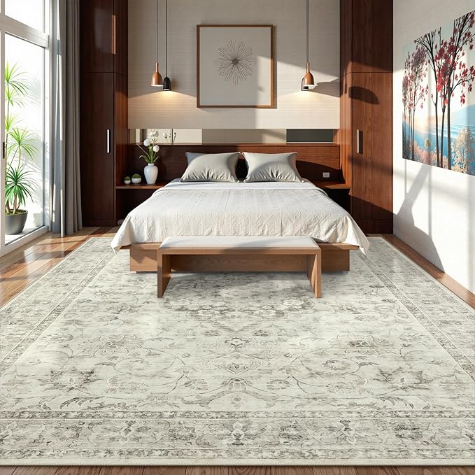 LIVEBOX Washable Area Rug 10x14 Rugs for Living Room Bedroom, Non-Slip Boho Indoor Carpet for Dining Room Office, Low-Pile Farmhouse Soft Carpets for Kids Nursery Room Playroom, Taupe