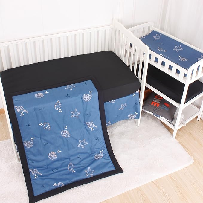 CaSaJa 4-Piece Crib Bedding Set for Boys and Girls, Nursery Baby Bedding Set Including Quilted Comforter with Fitted Crib Sheet and Changing Pad Covers, Reversible Quilt Design, Sea Conch
