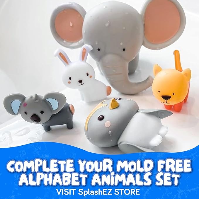 SplashEZ Animals Bath Toys for Toddlers, Mold Free Bath Toys for Kids, No Hole for Water Soft Durable Elephant Play Set for Bathtub, Pool, Shower Boys & Girls, No Mold, Ages 0-1-3-4-5-6-8
