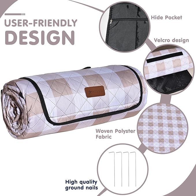 HX&OD Outdoor Picnic Blanket, Extra Large, 80''x80'' Waterproof Foldable Blankets Gingham Picnic Mat for Beach, Camping Grass Lawn Park Accessories Cute Couple Ideas Wedding (Light Brown, 80”x80”)