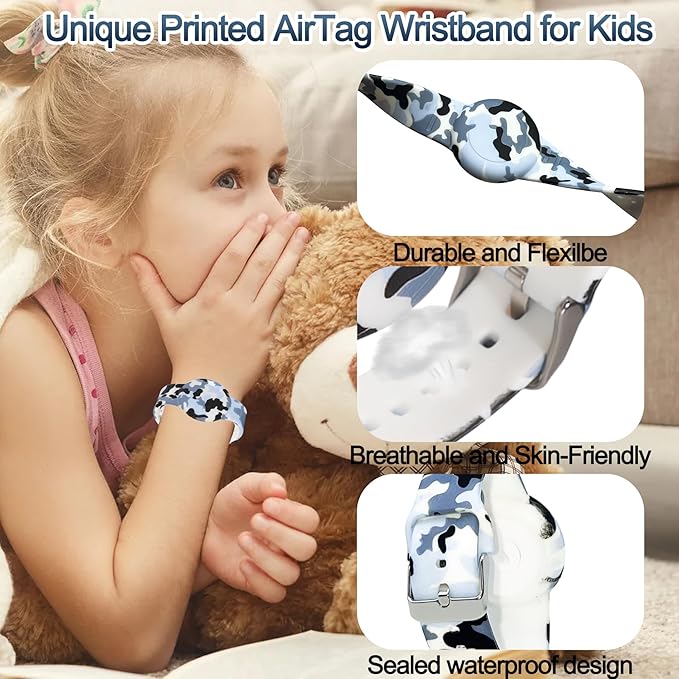 4 Pack Waterproof Bracelet for AirTag Kids, Hidden Printed Wristband for Apple Air Tag, Silicone Holder for AirTag GPS Tracker Case for Band for Child Toddler, Secure Anti-Lost Protection