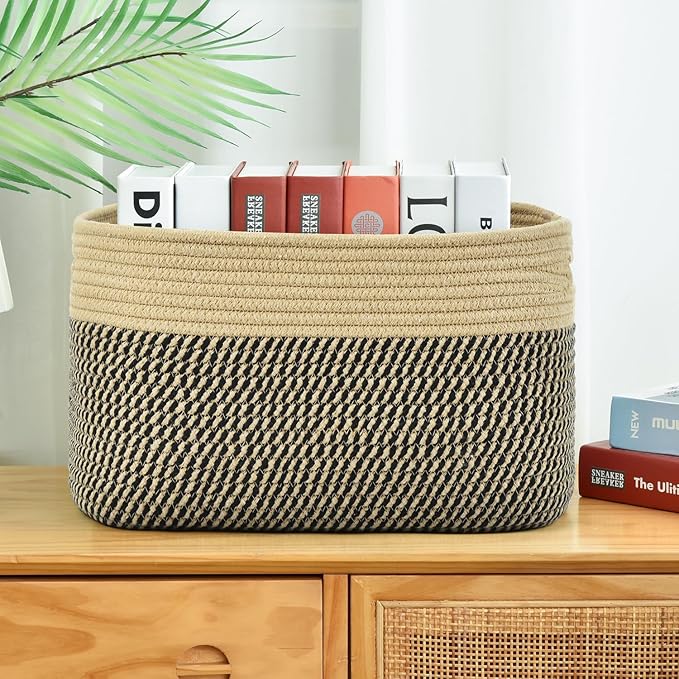 Storage Basket,Woven Baskets for Storage,Cotton Rope Baskets for Organizing,book,towel Basket,Toy Basket or Storage Bins - 3 Pack,Black and Brown