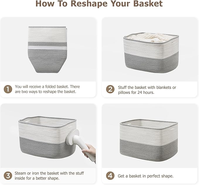 UBBCARE 4 Pack Baskets for rganizing, Woven Storage Baskets for Toys and Towel, Rectangle Cotton Rope Basket with Handles, 15''L x10''W x9''H, Grey