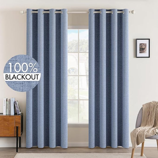 MIULEE Linen Texture Curtains for Bedroom Solid 100% Blackout Thermal Insulated Stone Blue Curtains Grommet Room Darkening Drapes Luxury Decor for Living Room Nursery 52x90 Inch (2 Panels)
