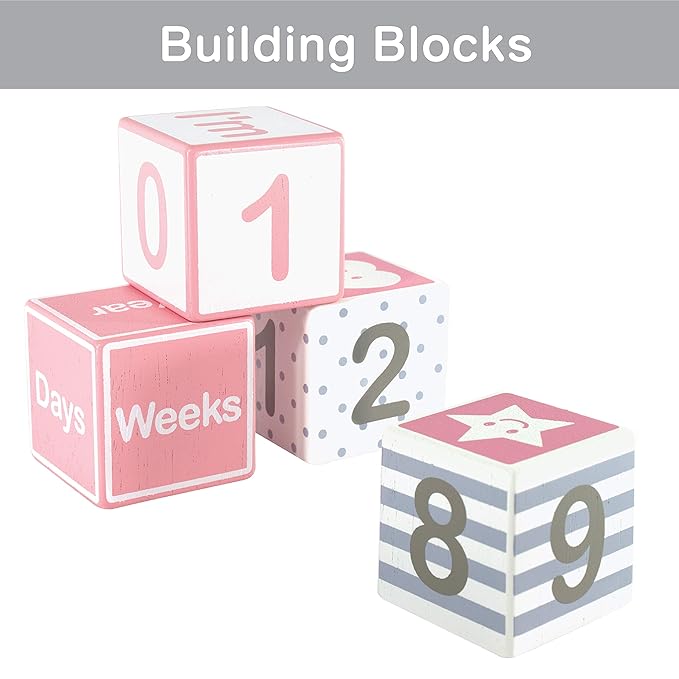 I'm Solid Wood Monthly Weekly Yearly Milestone Age Blocks, Newborn Gifts & Keepsakes for Picture Props (4 Pcs/Pink)