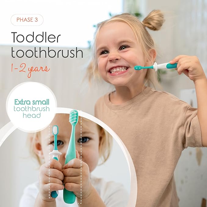 Cherish Baby Care Baby Toothbrush & Toddler Toothbrush Set (0-2 Years) - BPA-Free & Safety-Tested, 2023 Award Winner, Food-Grade Silicone (Teal)